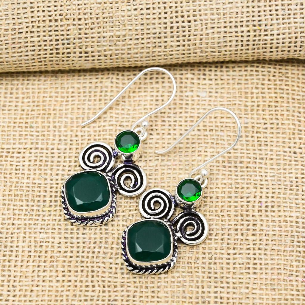 Green Onyx, Chrome Diopside Earrings, 925 Solid Sterling Silver Jewelry, Gemstone Earrings, Gift For Her Handmade Dainty Jewelry