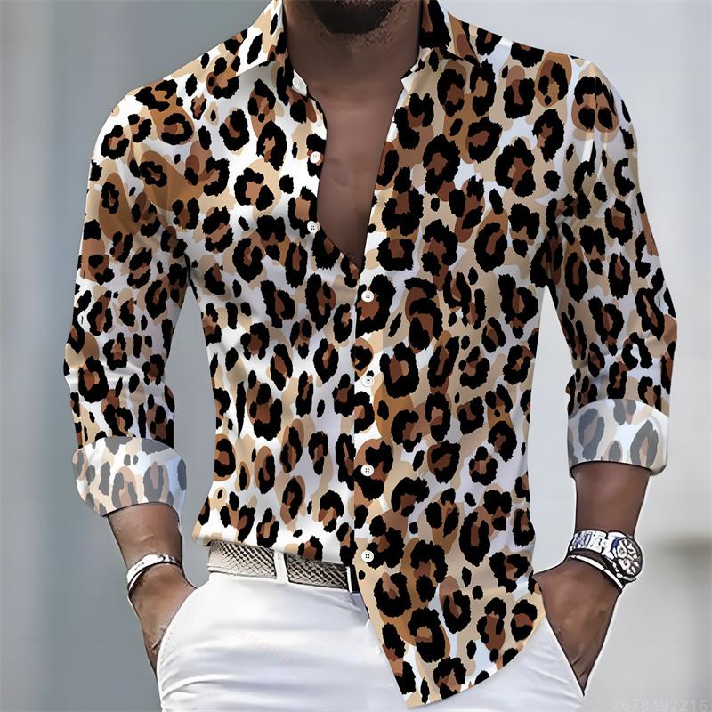 Men s Leopard Print Long-sleeved Shirt, Trendy Retro Slim-fit Turn-down Collar Casual and Stylish Men s Shirt, Sizes S