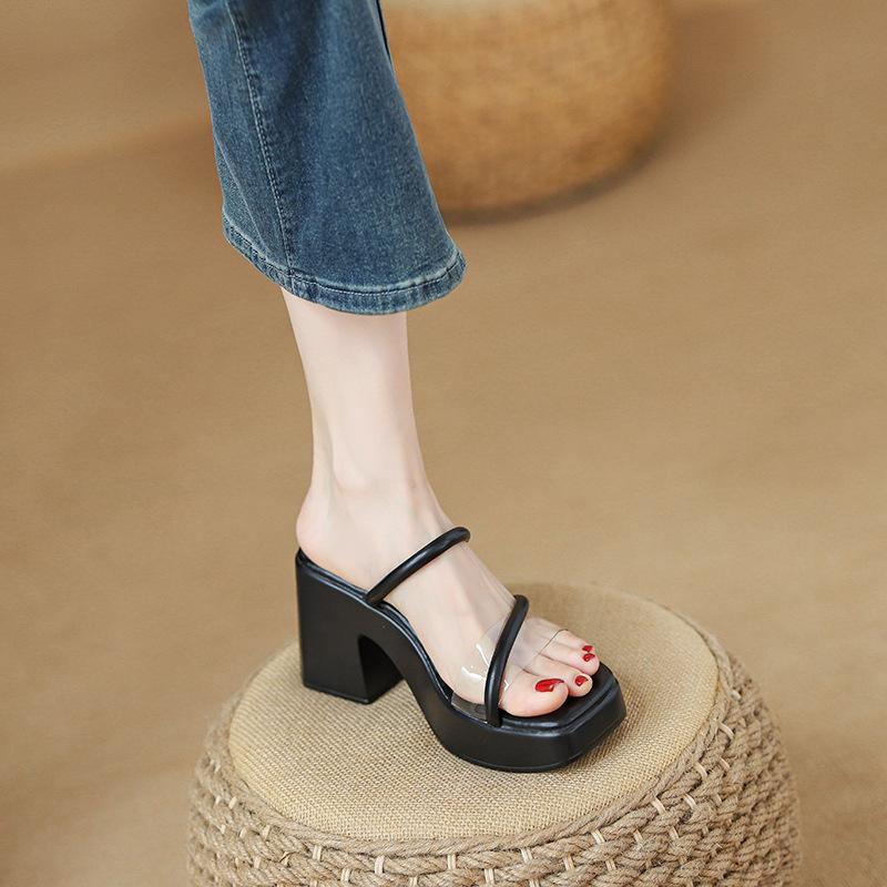 

Одно слово с прозрачными женскими босоножками на высоком каблуке, сексуальные домашние тапочки, толстая подошва, высокий каблук, модные босоножки на толстом каблуке 38 чёрный