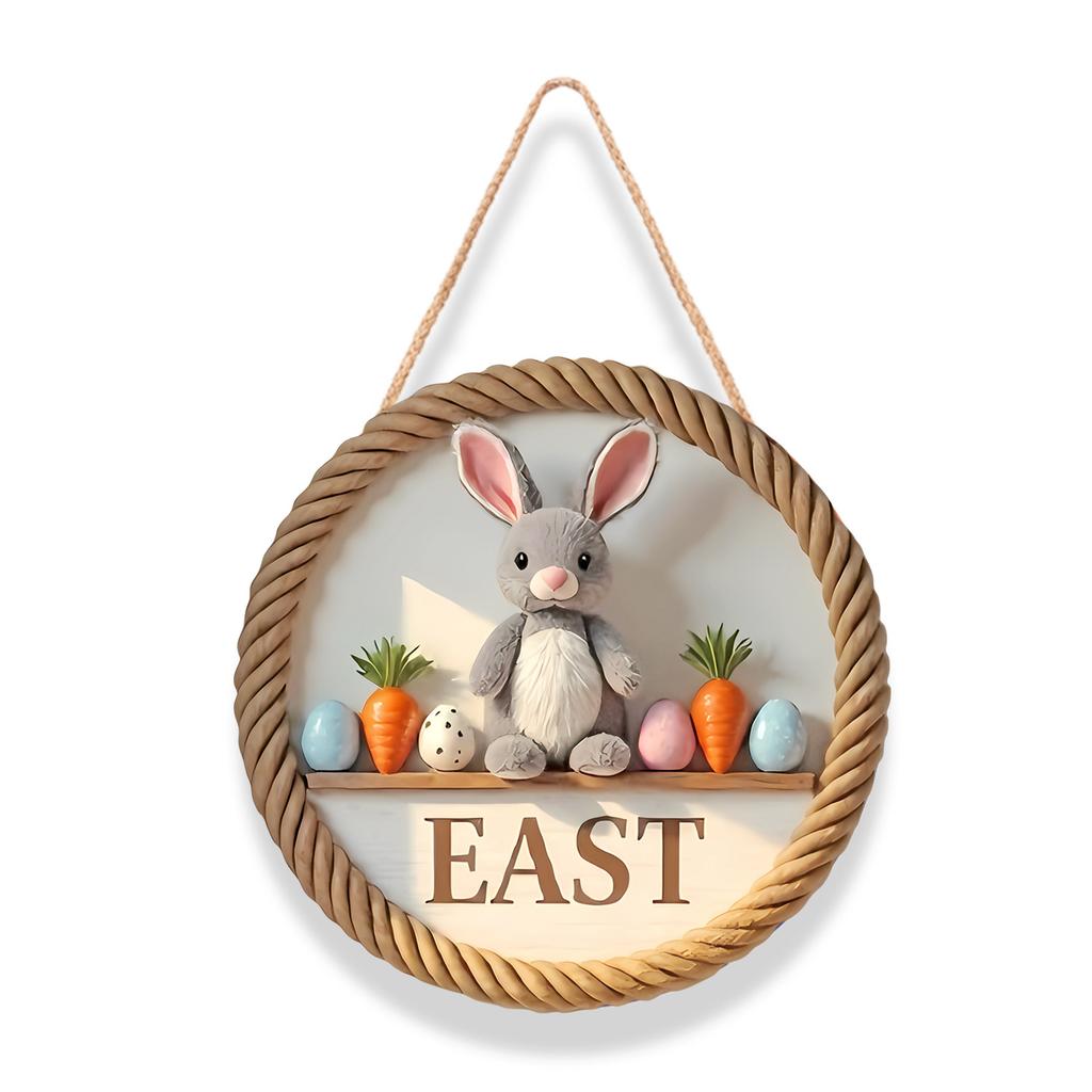 Easter Wooden Round Door Sign - Bunny Egg Hanging Plaque Decor Handmade Wood Holiday Ornament for Home Garden Party