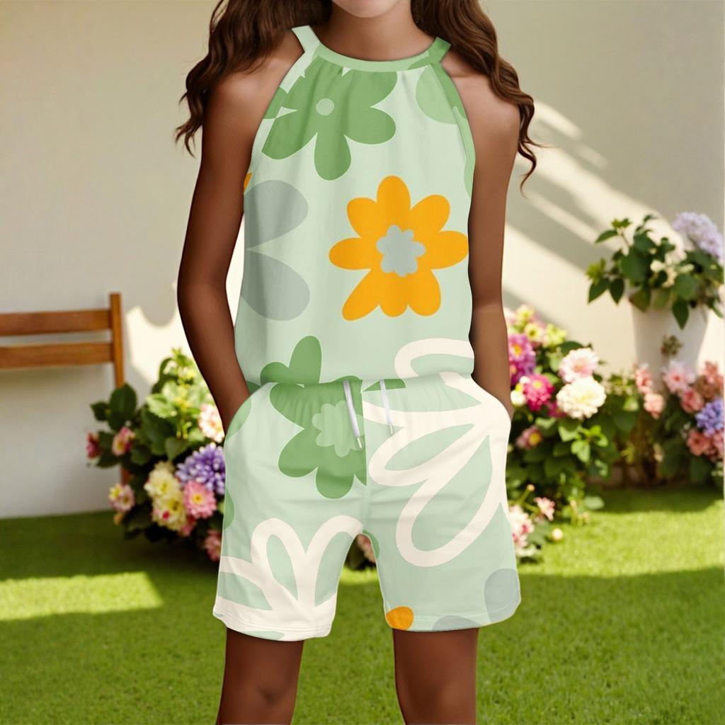 Children's Casual Fashion Round Neck Sleeveless  Top Shorts Set