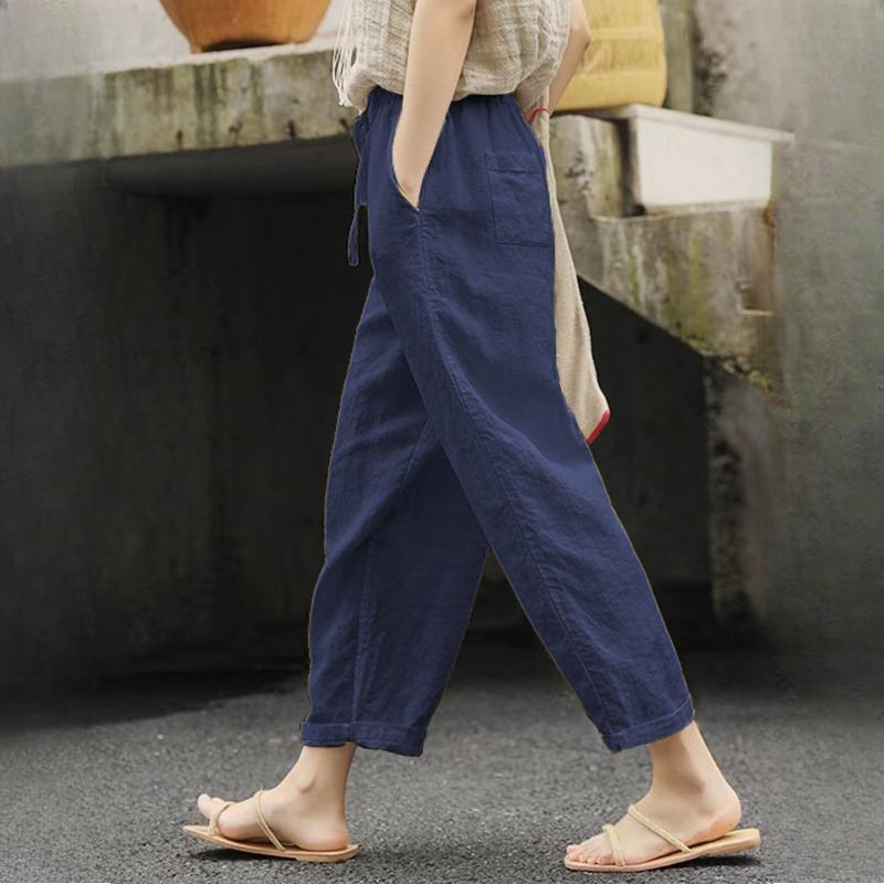 Spring, Summer and Autumn Ladies Solid Color Pocket Drawstring Trousers