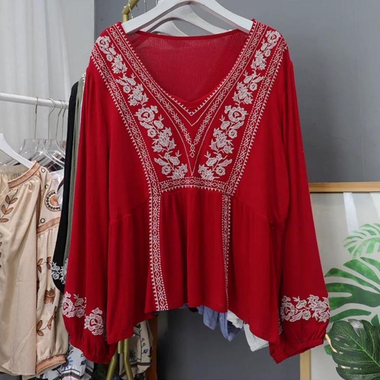 Spring Fashion Ladies Crochet Blouse Embroidered Lantern Sleeve Retro Ethnic Style Short Top Blusas