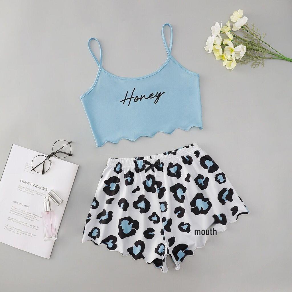 Set de pijamale cu maiou și pantaloni scurți, stil european și american, pentru vară: Pijama Casual Drăguță cu Imprimeu pentru Femei