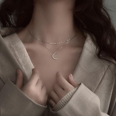 925 Sterlingsilber Doppelmond Halskette Glänzender Zirkon Schlüsselbeinkette Damen Exquisites Collier Zum Verschenken an Freunde Hochzeitsschmuck