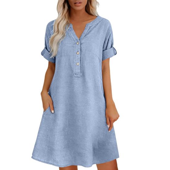 Soft Blended Fabric Dress Summer Short Sleeve for Women, Casual Button Up V Holiday Neck A-line Dress, Flowy Beach Vacation Sundress with Pockets