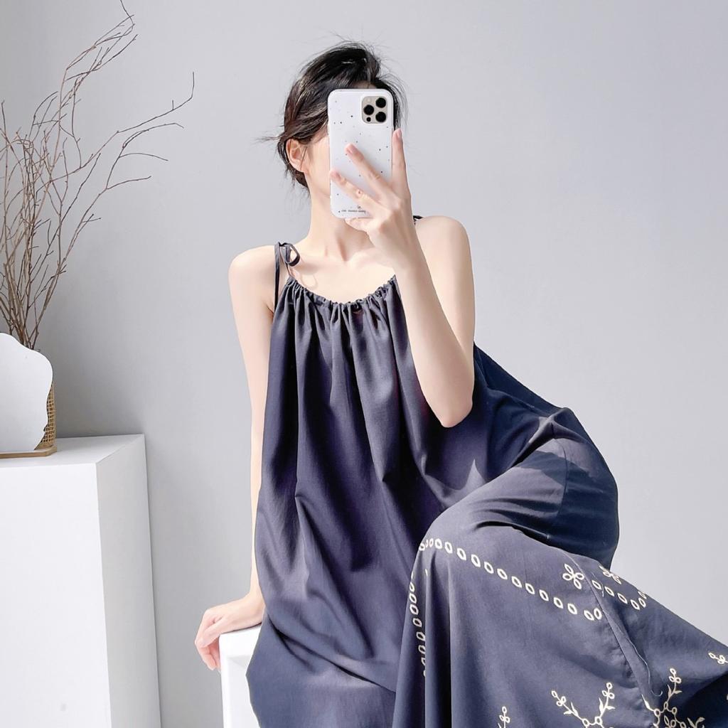 Cotton silk summer bohemian print suspender dress women's ethnic style retro loose medium and long vacation dress