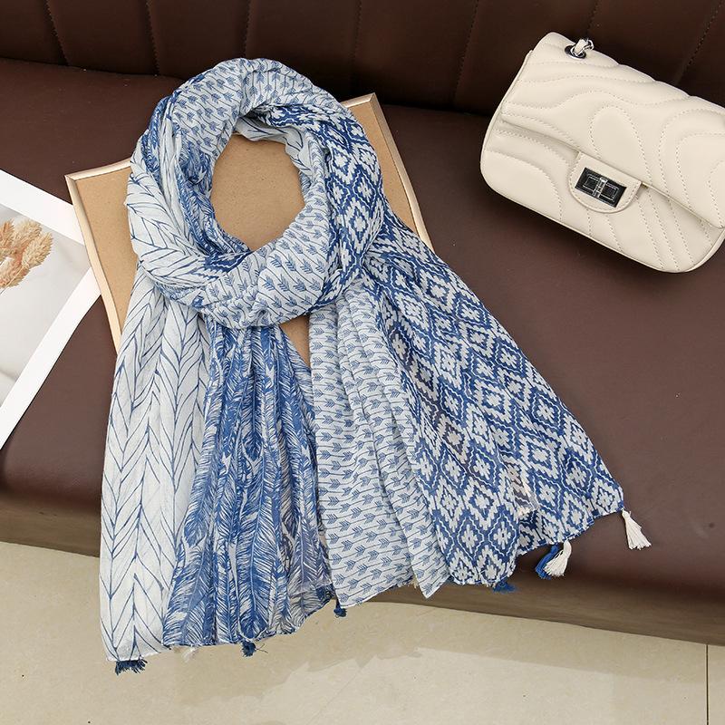 Summer New Cotton Linen Scarf Women Girls Geometric Print Scarves Soft Sunscreen Hanging Beard Tassel Shawl Female Wrap Shawls
