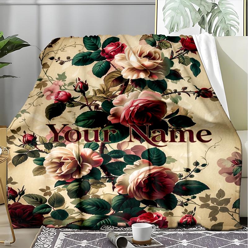 Custom Name Vintage floral roses. Flannel Fleece Blanket Cozy Warm Throw Blanket For Couch Bed Travel All Season Use