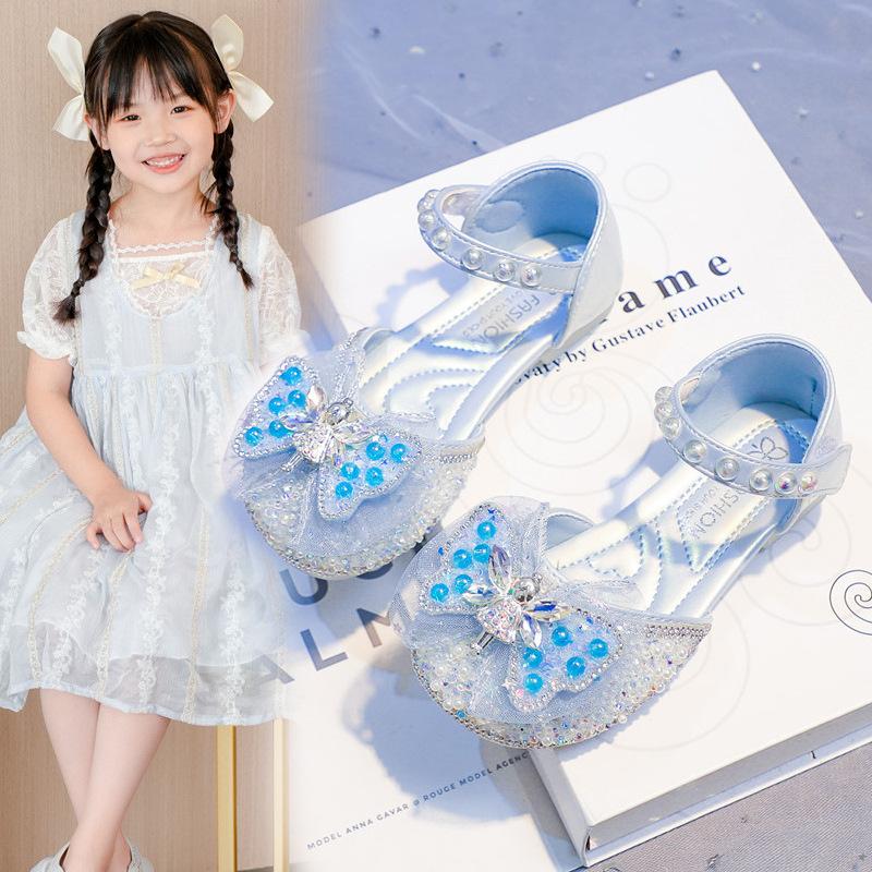 

Полубосоножки для девочек, блестящие пайетки, милые феи, детская пляжная обувь, круглый носок, лето 2025, новая детская обувь принцессы, свадебные, милые 23 синий