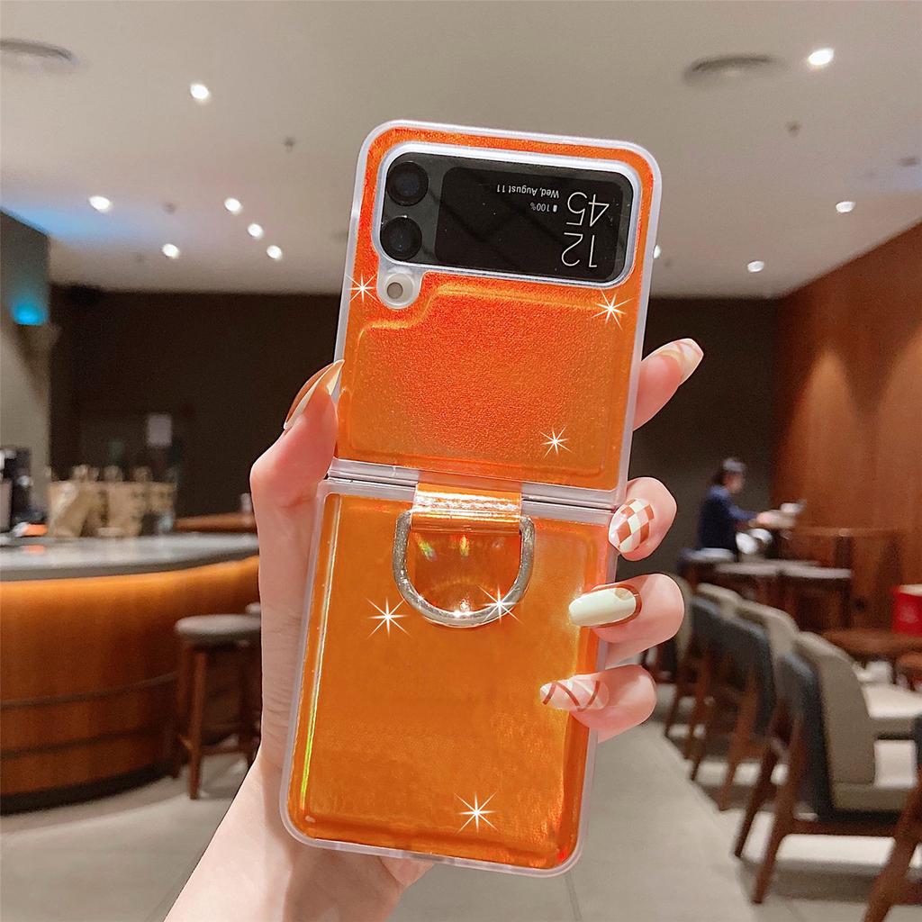 For Samsung Z Flip 4 3 Zflip4 Case Colorful Laser Glitter Ring Bracket Leather Folding Shockproof Silione Back Cover Accessories