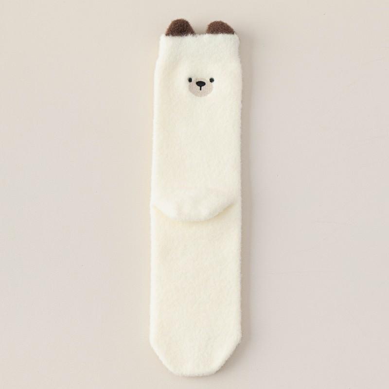 Plüschsocken für Mädchen im Winter, verdickt und bestickt, niedliche Cartoon-Mädchensocken, warmer weißer Bär, gestrickte lange Socken