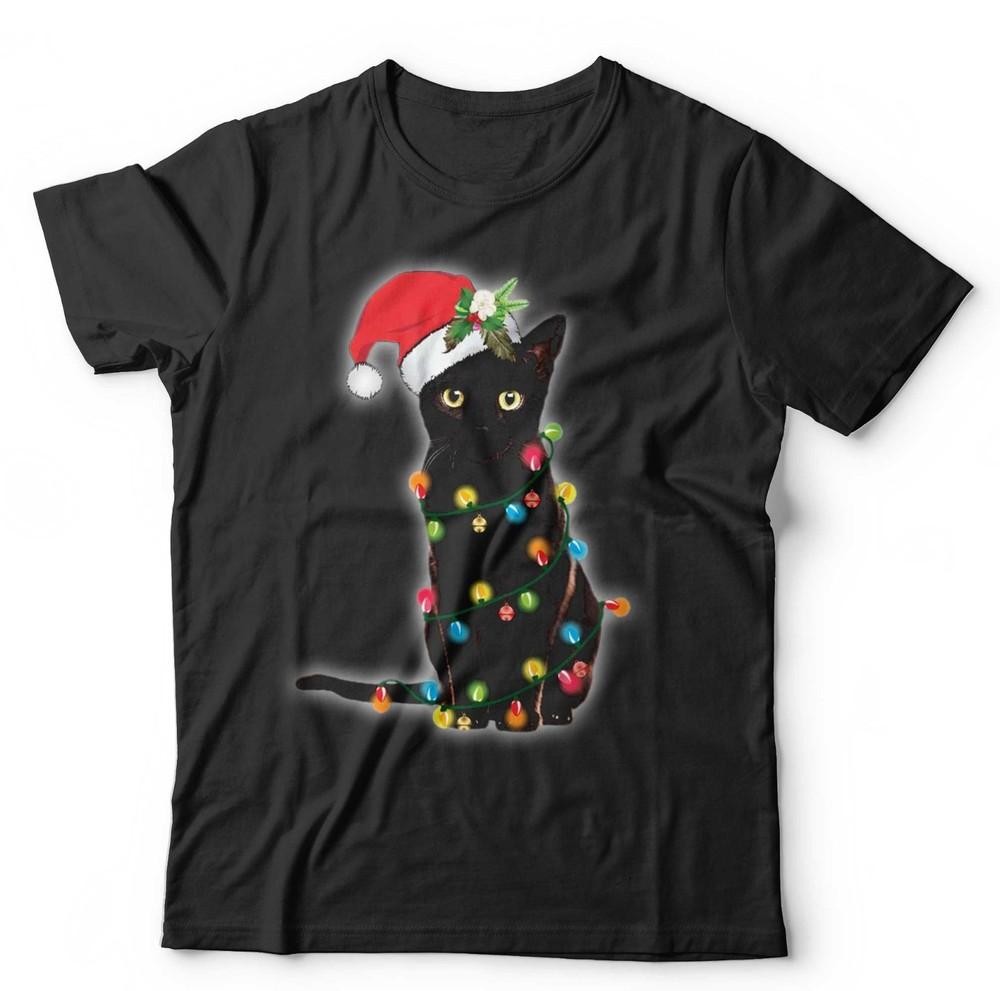 Christmas Cat T Shirt Unisex and Kids Cute Funny Lights Kitten Festive Gift X Mas