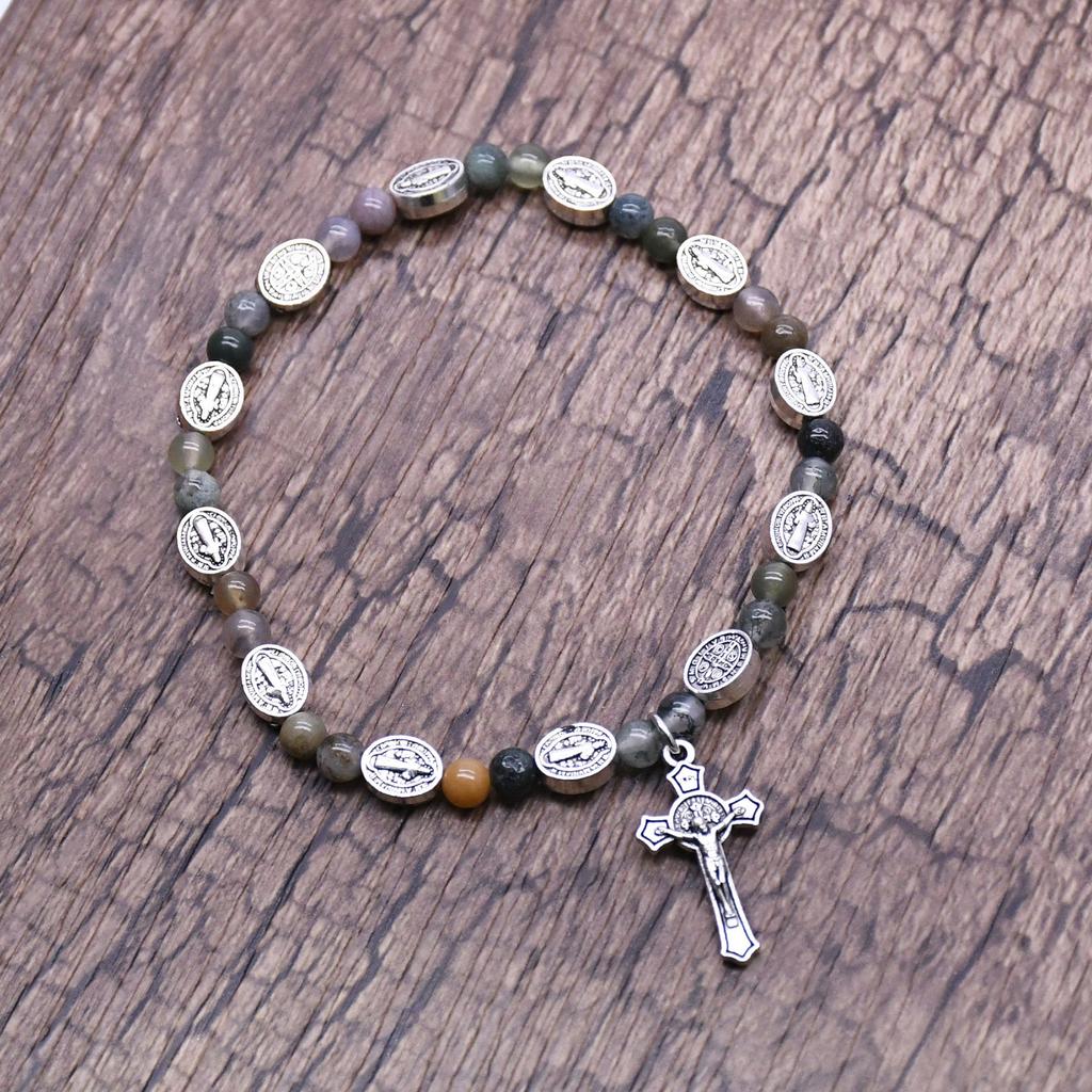 White Bracelet Crucifix Medal-Bracelet Catholic Jewelry Adjustable Crystal Beads