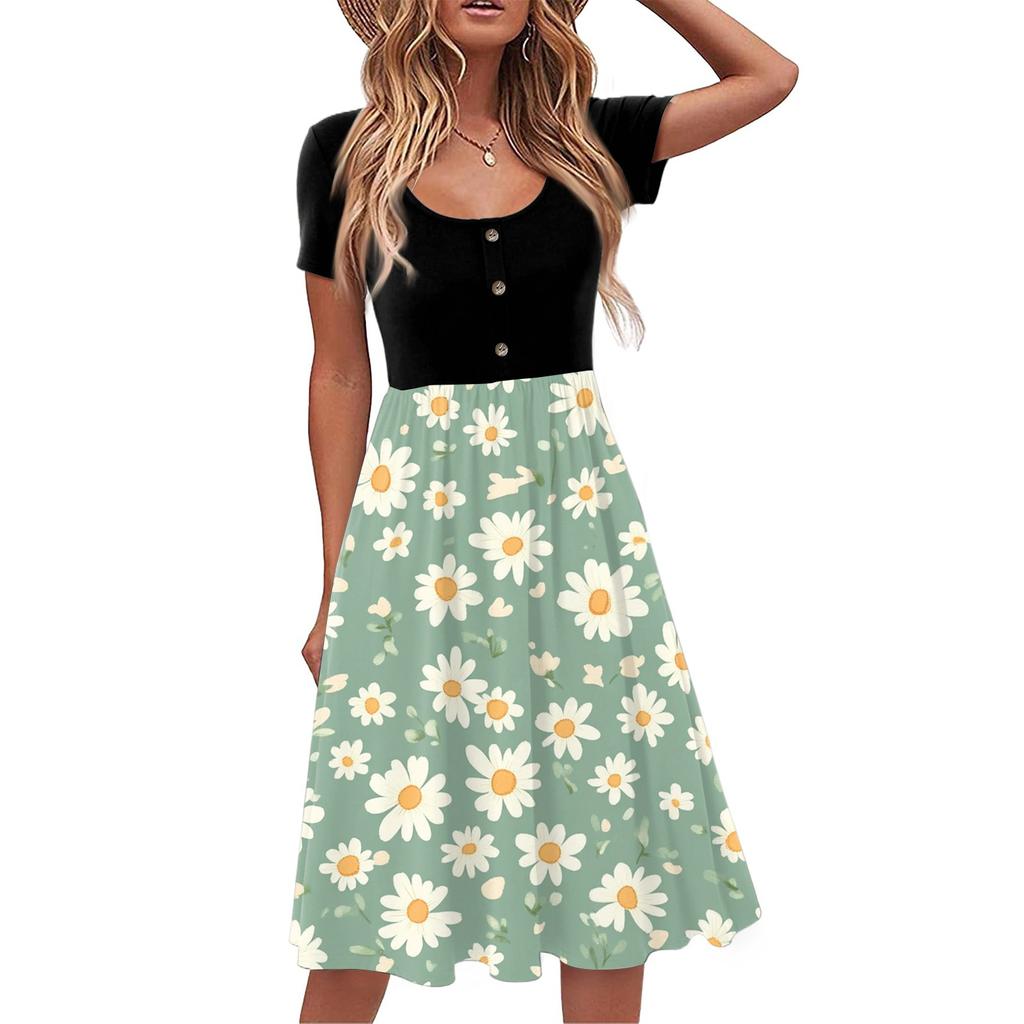 Fashion Women Summer Vintage Floral Dress Elegant Short Sleeve Midi Dress