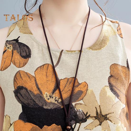 Boho Plus Size Cotton Linen Dress for Women Summer Sleeveless Printed Loose Long Dress Casual Round Neck Maxi Tank Dress