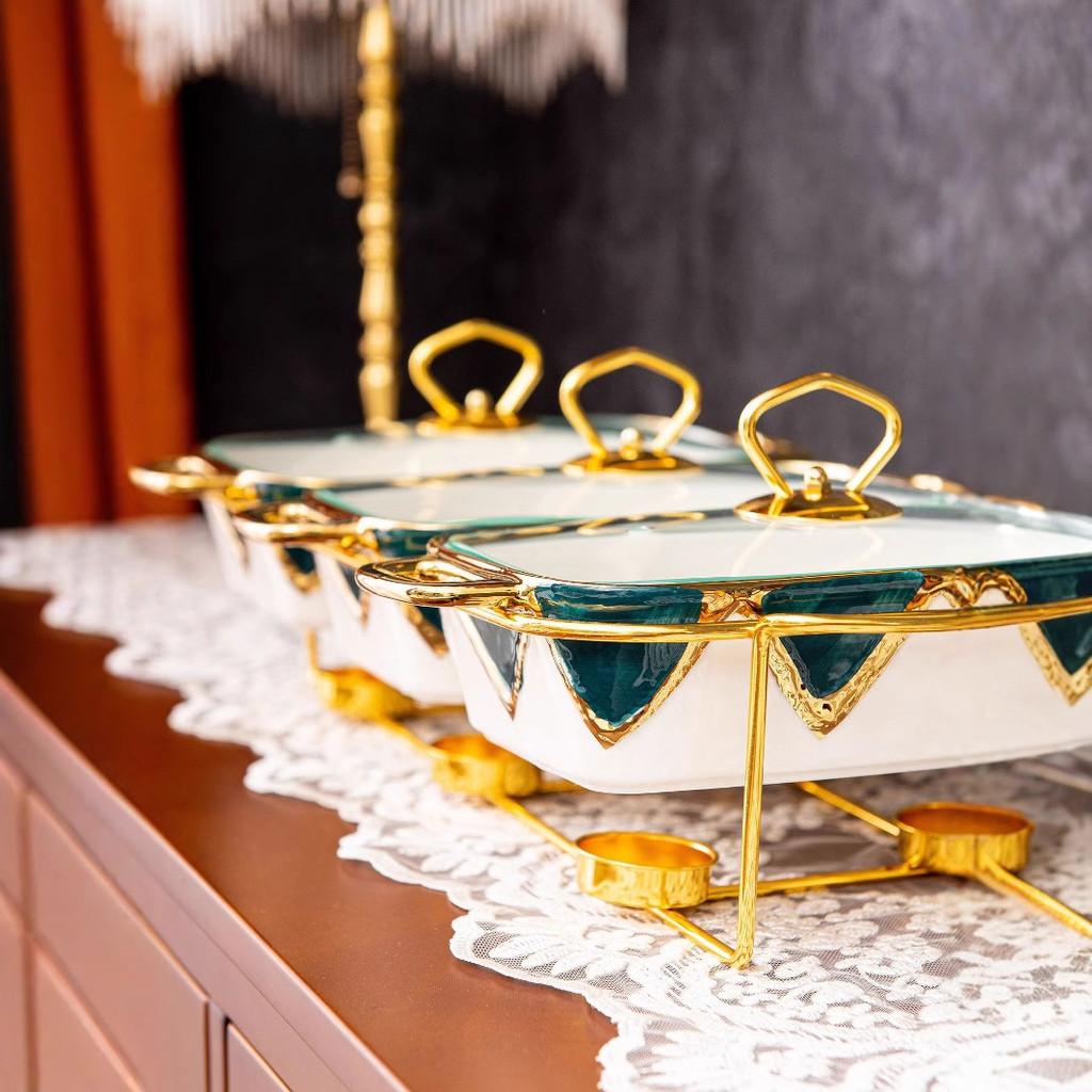 Three-grid Rectangular Ceramic Plate Soup Pot Metal Shelf Hotel Restaurant Hand-Colored Soup Pot Dry Pot Tableware Set
