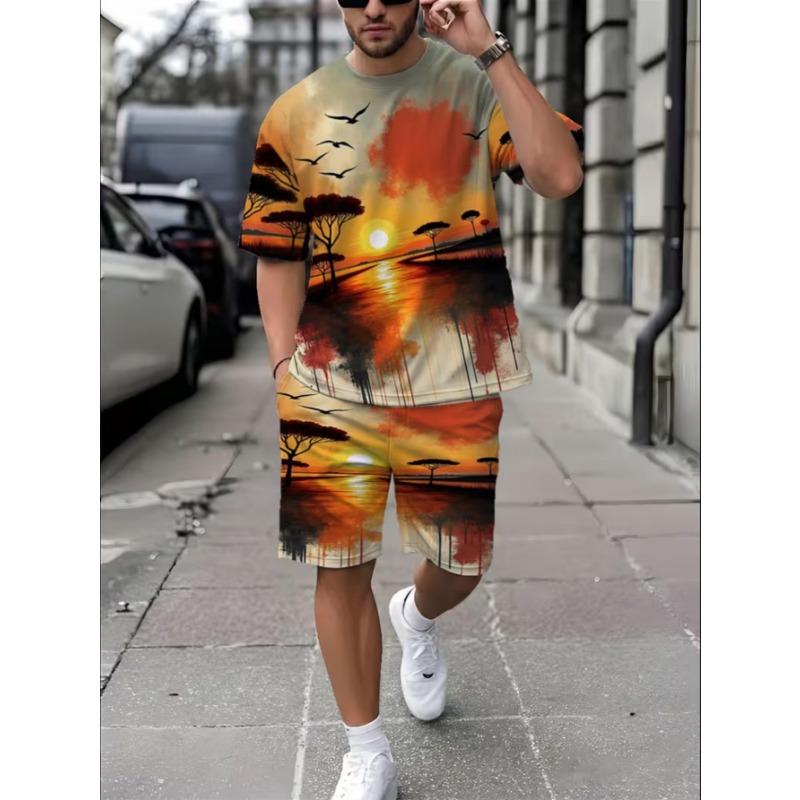 Urban Street Fashion Trend Men's Round Neck Short Sleeved Shorts Set, Outdoor Simple Casual and Comfortable