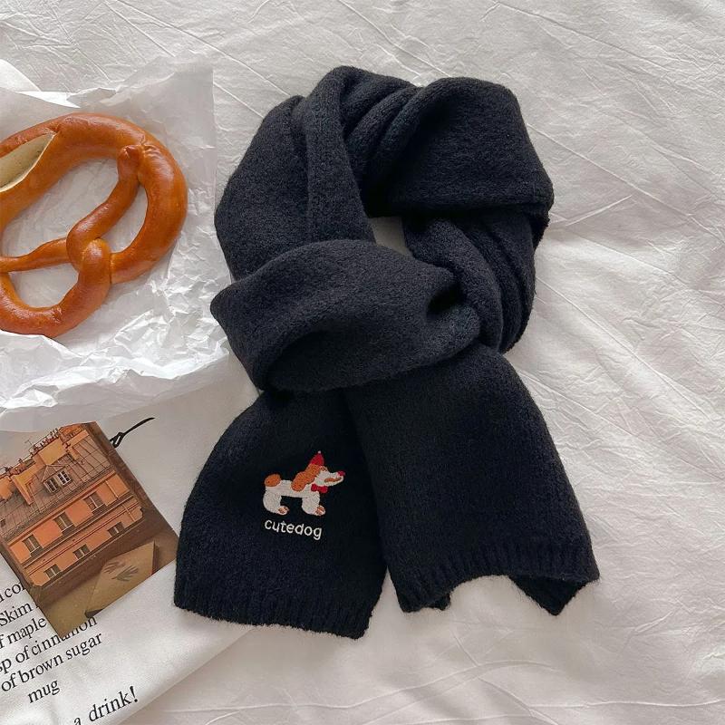 2024 Neu Warmer und Vielseitiger College-Stil Gestrickter Niedlicher Kleiner Hund Bestickter Schal für Damen im Herbst und Winter