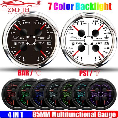 ZMFJH Auto Car Boat 4IN1 Multi-Meter 7 Color 85MM Oil Pressure+Water Temperature+Fuel Level Gauge+Voltage with Flash Alarm 12V
