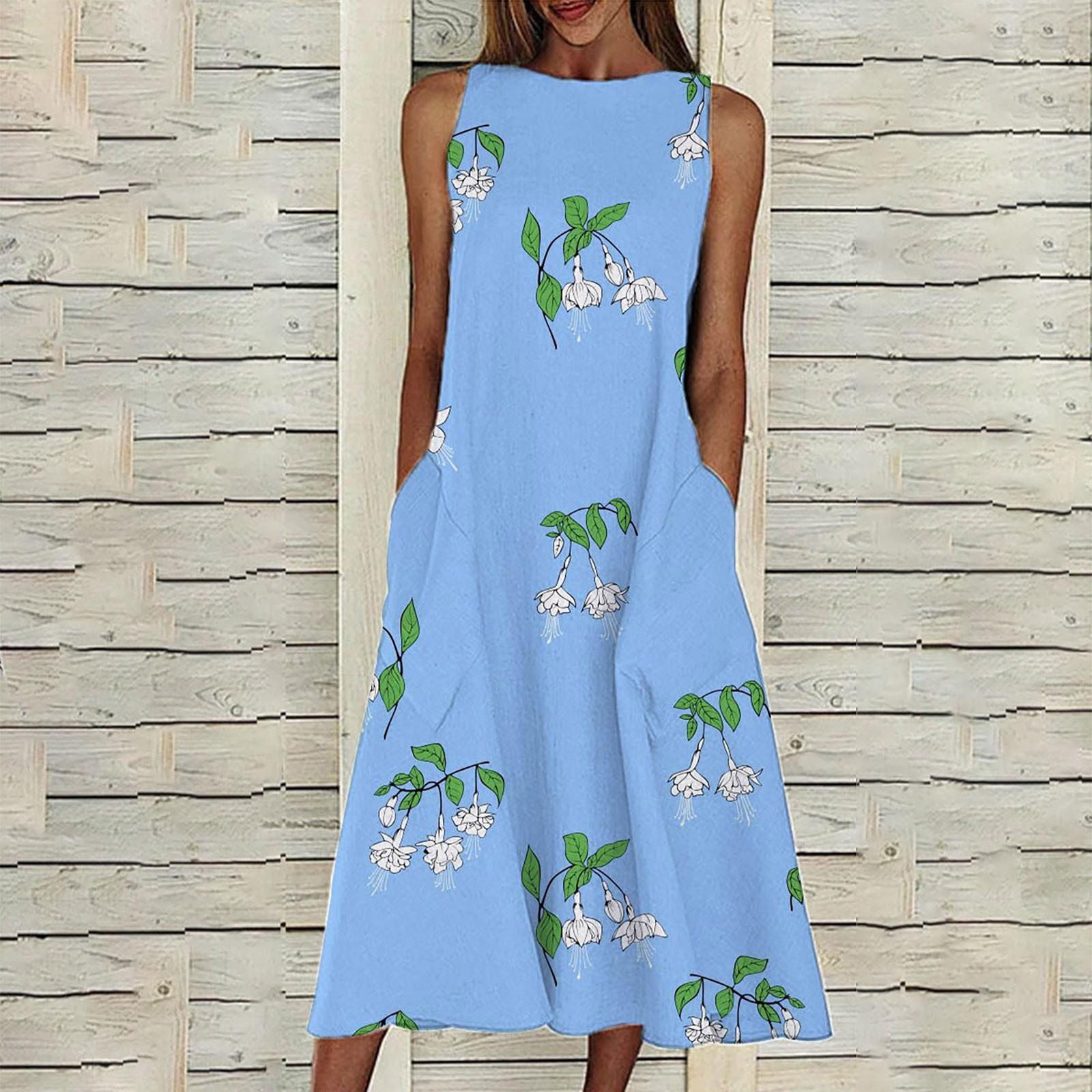 Ladies Casual Plus Size Printed Round Neck Pullover Loose Sleeveless Dress XXXL синий