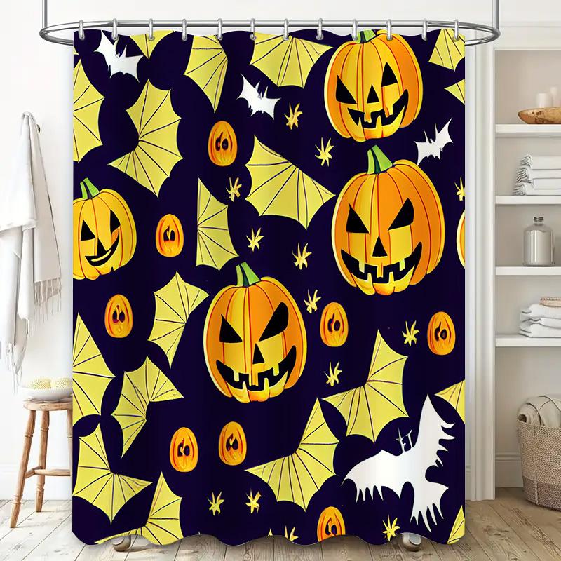 Halloween shower curtain featuring spooky pumpkins and bats waterproof fabric for bathroom decor