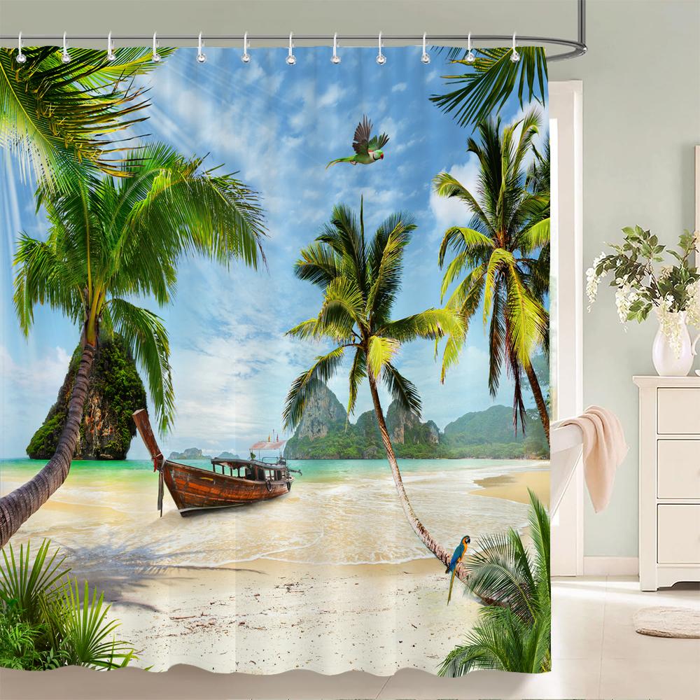 High Quality Sunny Beach Printed Fabric Shower Curtains Sea Scenery Bath Screen Waterproof Products Bathroom Decor with 12 Hooks