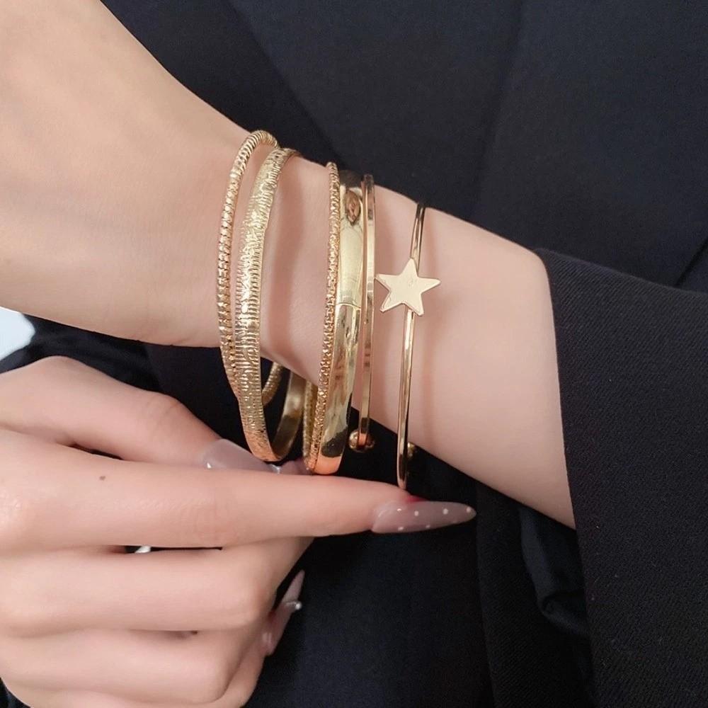 6Pcs/7Pcs Europe American Style Cuff Bangles Kit Metal Star Pentagram Exaggerated Bracelet Girls