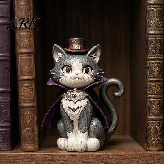 Holiday Shelf Decor Vintage Witch Cat Halloween Decoration, Small Wooden Figurine for Farmhouse Mantel, Bookshelf Table, Desktop Handcrafted