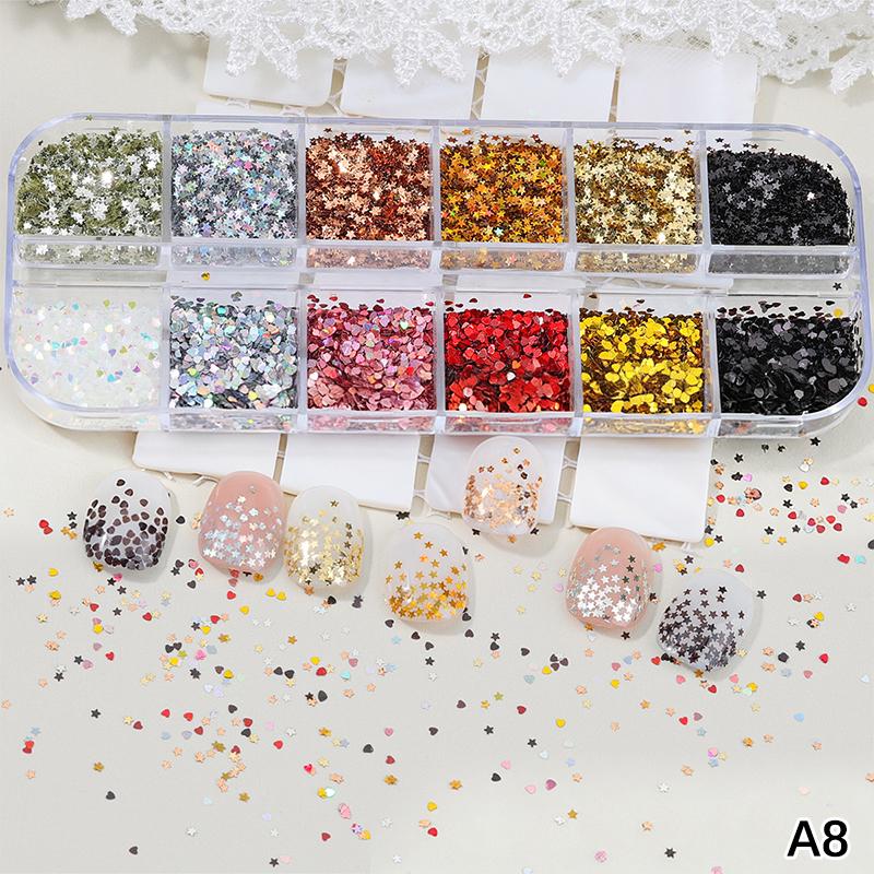 12 Grids Mixed Star Heart Nail Glitter 1Mm Star Sequin Nail Art Diy Colorful Sparkling Nail Charms Nail Decoration Accessories