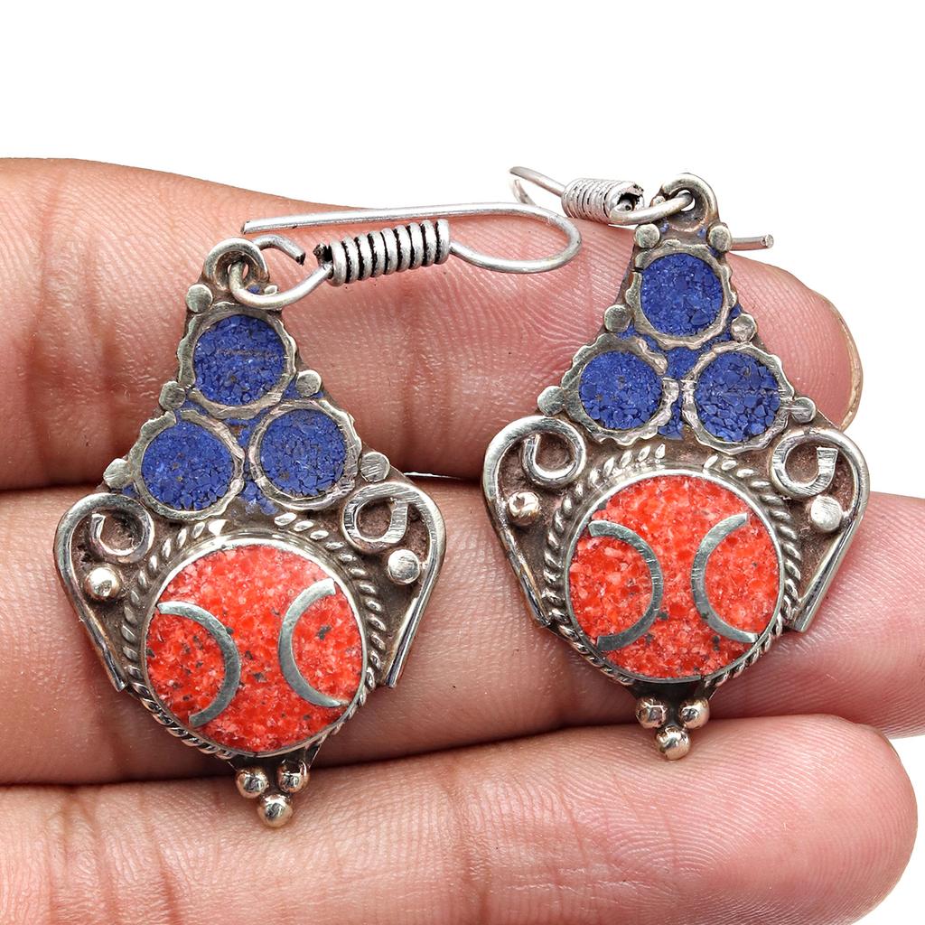 Tibetan Turquoise Coral Red Earrings Nepali Tribal 12gms 1.5" 1.6" Chunky Gift