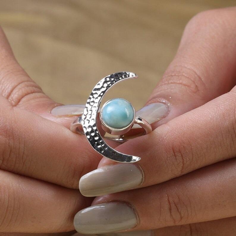 Natural Larimar Round Gemstone Ring, Handmade Designer Ring, Anniversary Gift, 925 Silver Ring, Unique Gift, Crescent Moon Ring