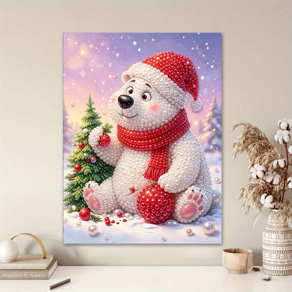 Christmas Polar Bear Pearl Painting Kit Festive Winter Holiday Theme DIY Sparkling Bead Canvas Aesthetic Craft Wall Decor Home Ornament