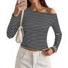Women Long Sleeve Striped Ribbed Knit Top Off Shoulder Casual Slim Fit Lightweight Sweater Stretchy Pullover Shirt