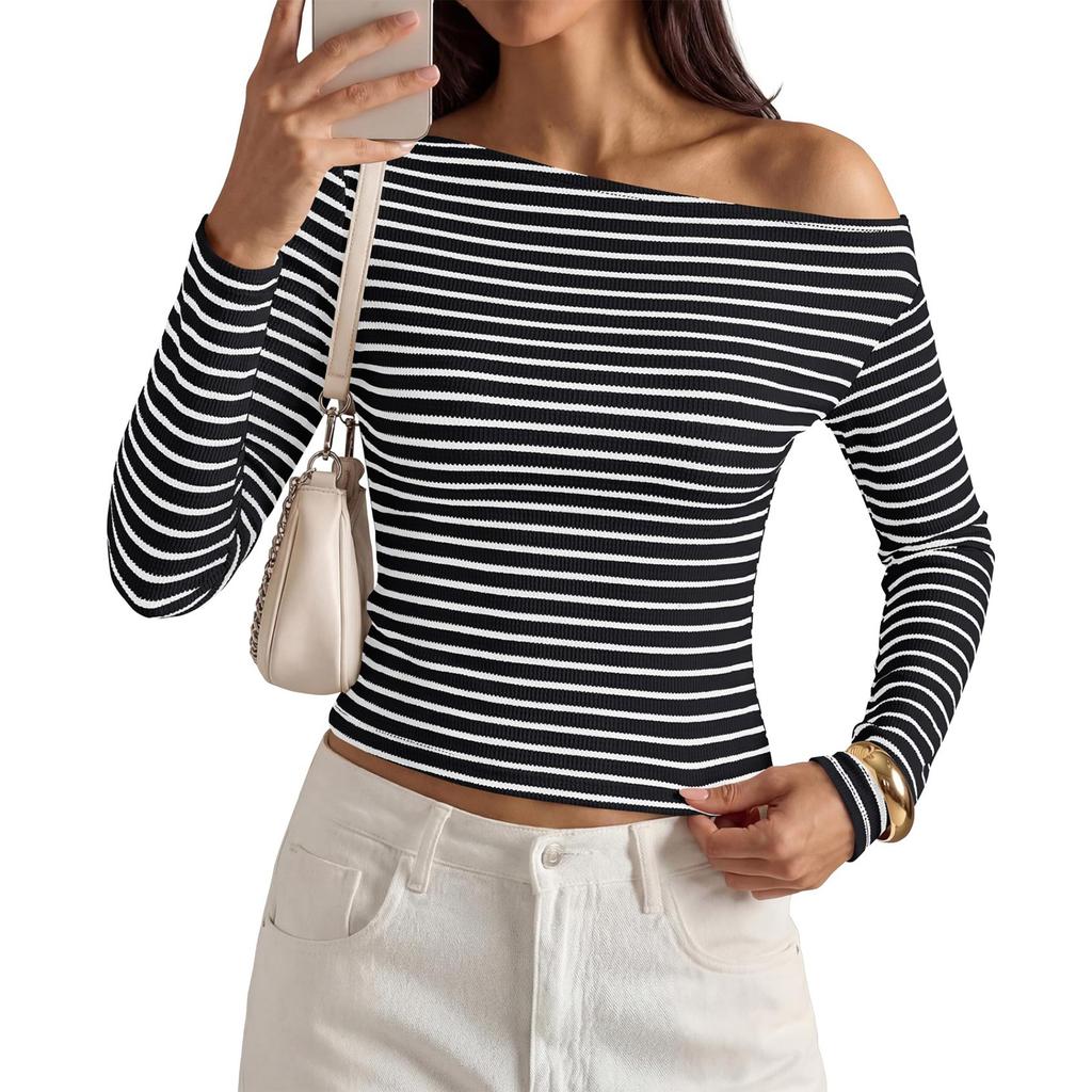 Women Long Sleeve Striped Ribbed Knit Top Off Shoulder Casual Slim Fit Lightweight Sweater Stretchy Pullover Shirt