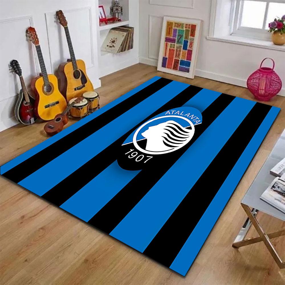 Atalanta Logo on Blue-Black Stripes Patterned carpet, suitable as a non slip play mat for the living room and bedroom sofa