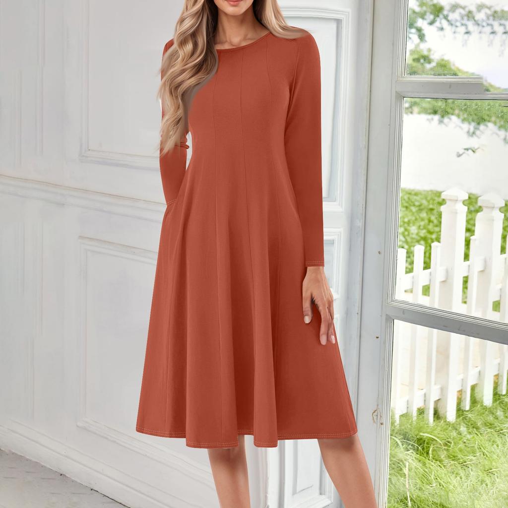 Damen Freizeitmode Rundhals Langarm Farbe Midi Kleid