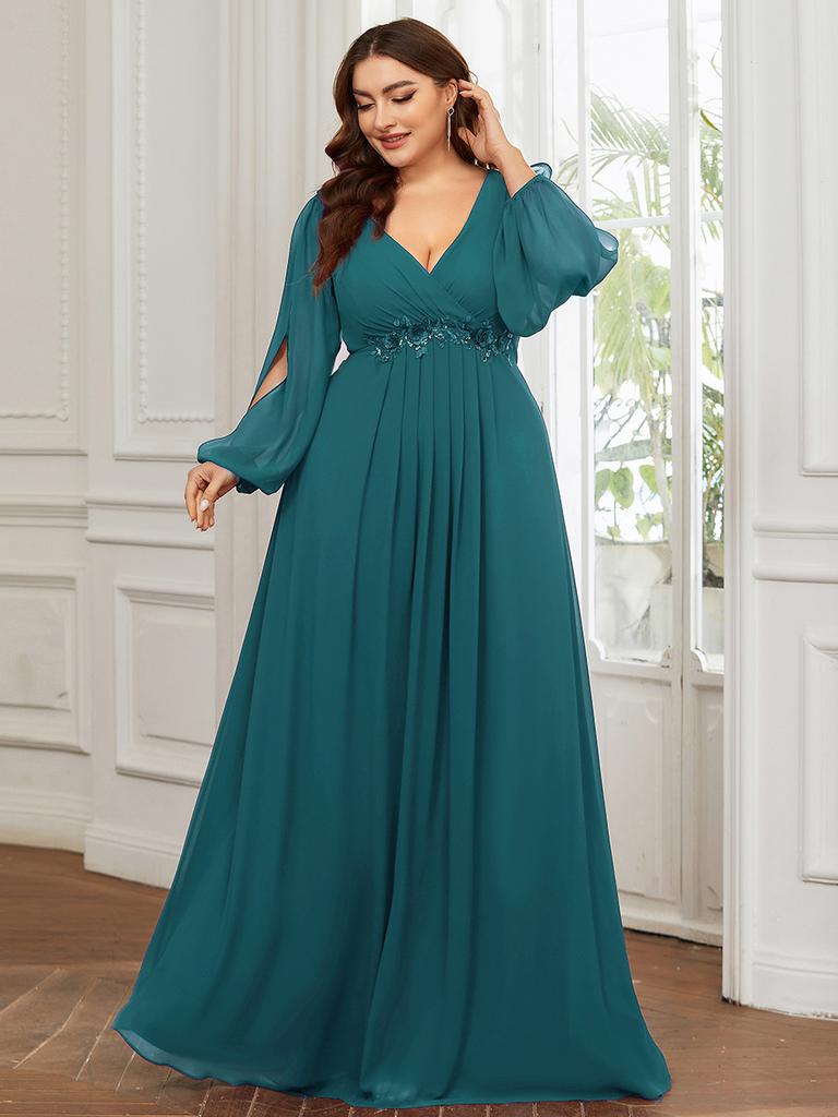 Ever-Pretty Damen-Abendkleider in A-Linie, Chiffon, Übergröße, mit langen Laternenärmeln