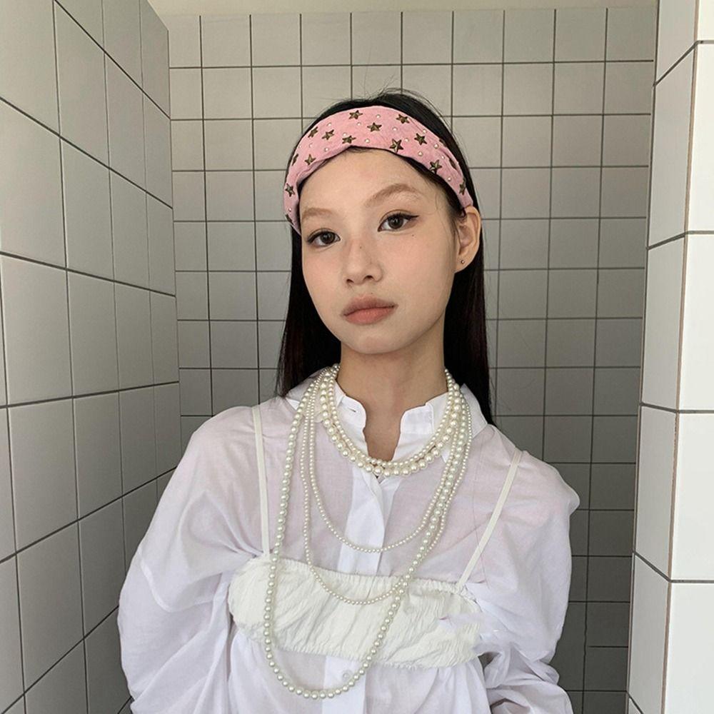 Spicy Girl Wide Edge Hairband Y2K Retro Hair Hoop Sweet Wide Star Rivet Headband  Women