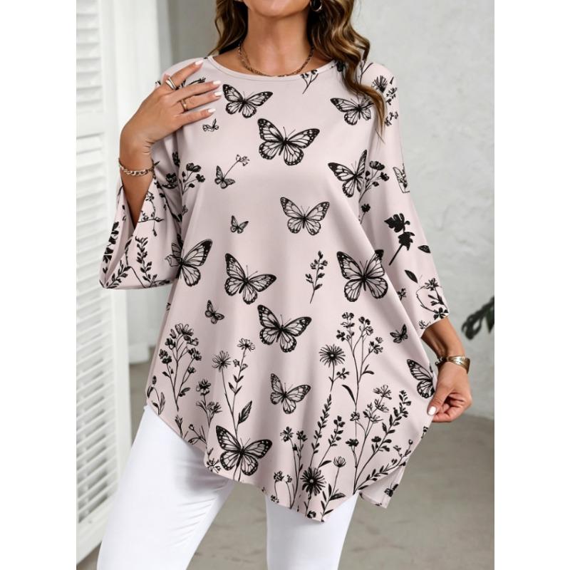 [Blusentop in Übergröße] Damen Casual Elegantes Blusentop mit Blumendruck und Rundhalsausschnitt für den Sommer - Übergröße