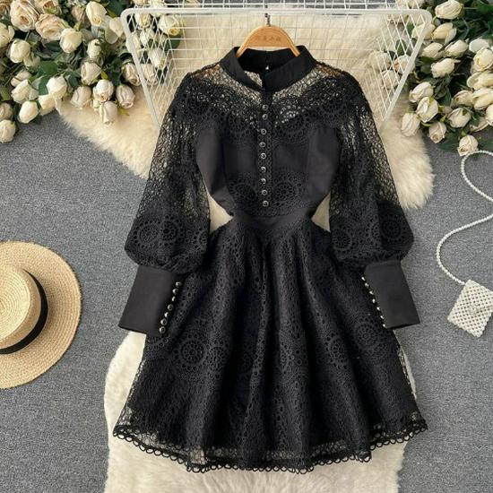 Elegant French Bellflower Lace Dress - Spring/Autumn Ruffle Princess Style