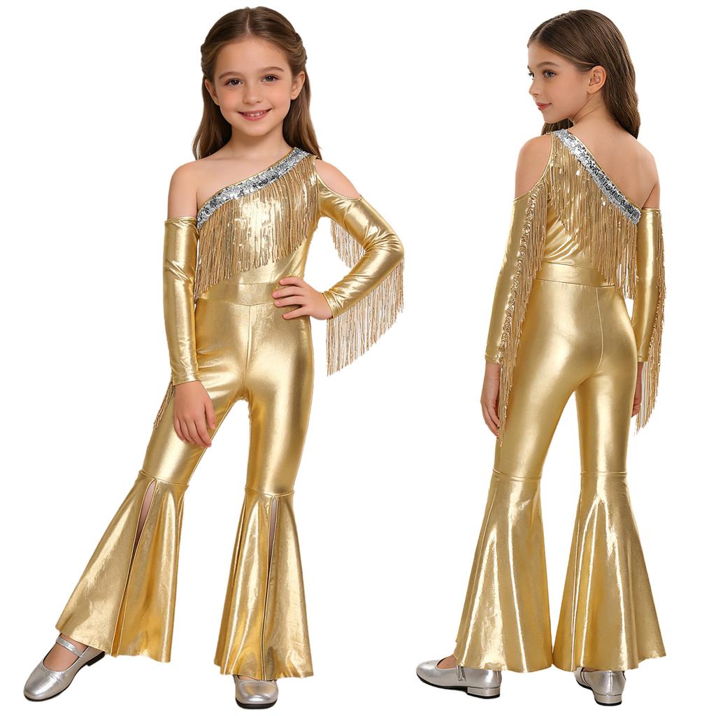Girls Pageant & Stage Romper: Metallic Shiny Off Shoulder Jumpsuit with Sequin Tassels & Bell Bottom Legs for Disco