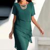 Women's Summer Elegant Chiffon Midi Dress Round Neck Short Sleeve Layered Slim Fit Formal Evening Party Dress