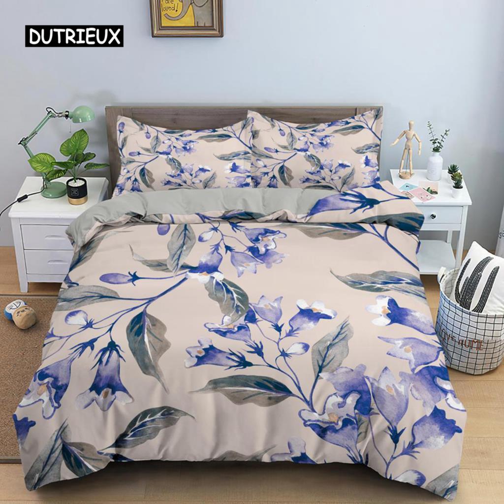 Flower Duvet Cover Set King Size Pink Flowers Green Leaves Pattern Quilt Cover for Teen Girl Microfiber Floral Theme Quilt Cover