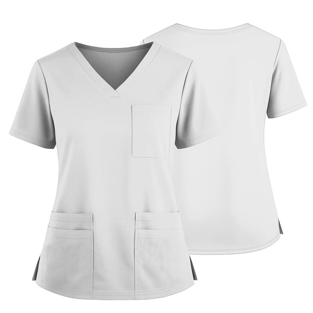 Women's Uniform Solid Color V-Neck Pocket Side Slit Uniform Short Sleeved Top Top