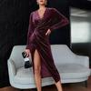 Women Autumn Winter Golden Velvet Evening Nightclub Dress Sexy Open Leg Slim Long Sleeve Mid-calf Dresses