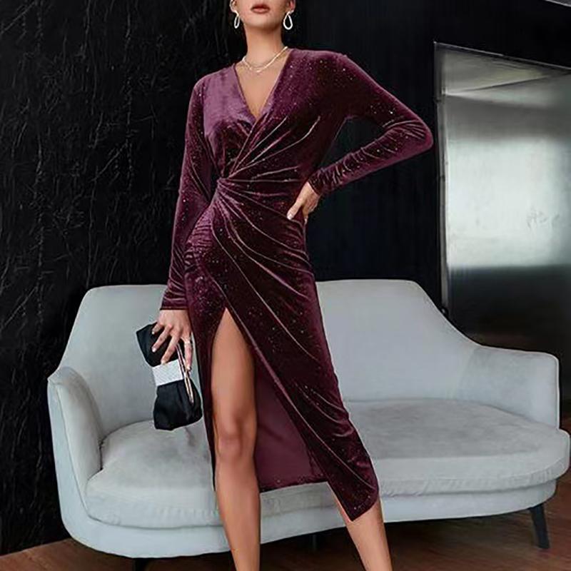 Women Autumn Winter Golden Velvet Evening Nightclub Dress Sexy Open Leg Slim Long Sleeve Mid-calf Dresses