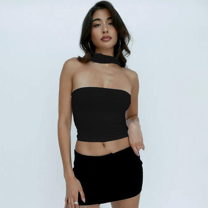 

Fashion Style Summer New Arrival Pure Color Casual Sexy Tube Top Backless Reverse Halterneck Women s Streetwear Vest Black L