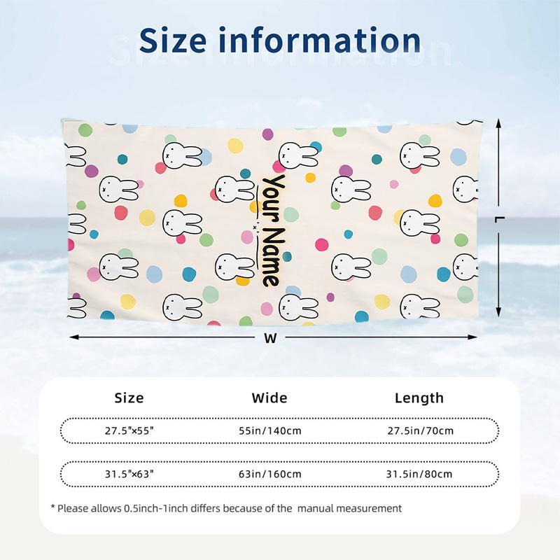 Miffy Beach Towel, Personalized Custom Text, Quick Dry Soft Large Towel For Swimming Pool Travel