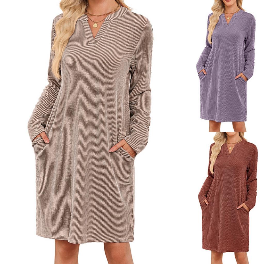 Fall Winter Women's V Neck Long Sleeve Loose Dress Casual Daily Dress For European American Crossborder Outfit